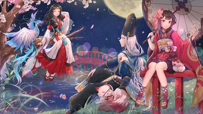 Anime characters in a moonlit garden with cherry blossoms