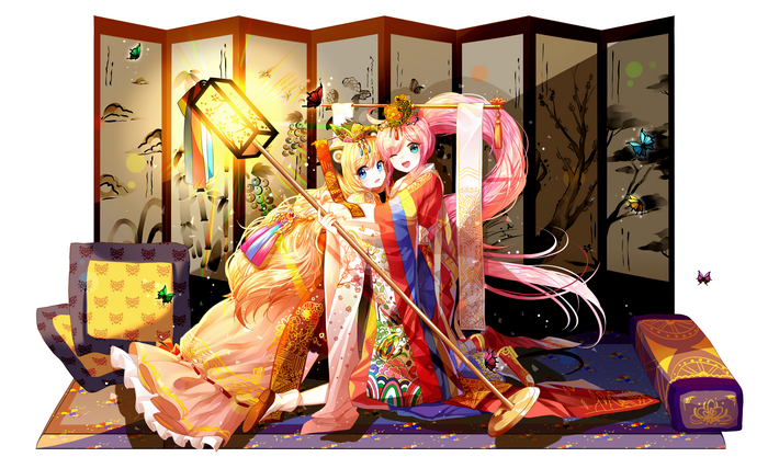 Anime girls in traditional Japanese clothing holding a lantern