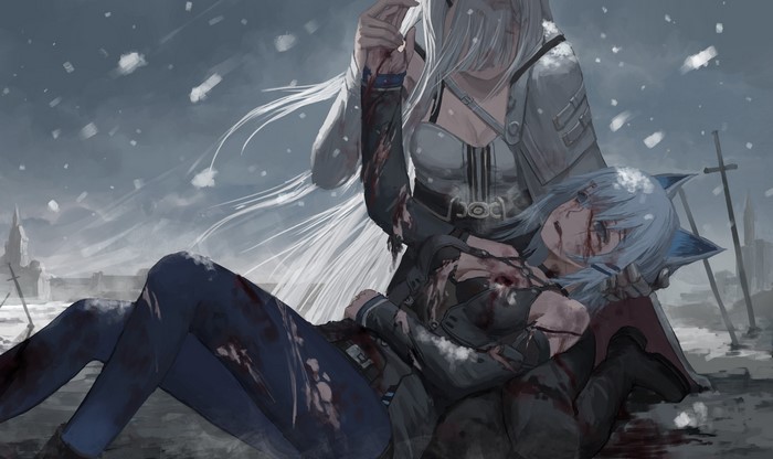 Anime Girls with Animal Ears in Snowstorm