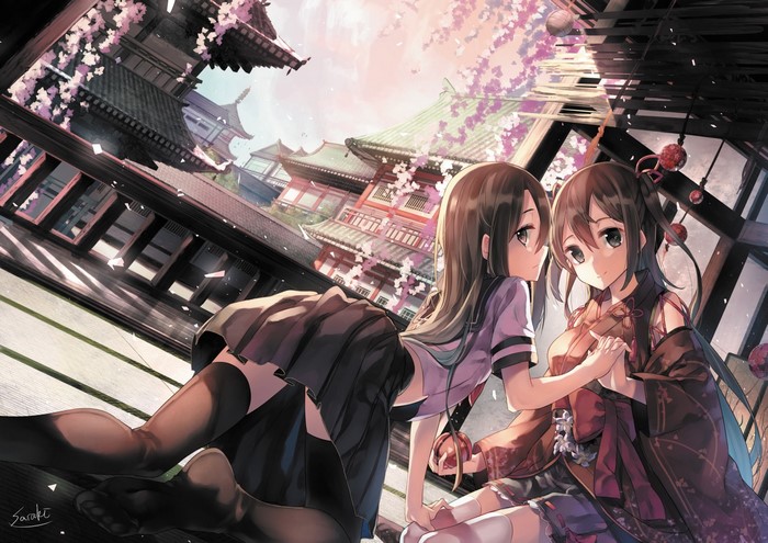 Two anime girls holding hands in a temple garden