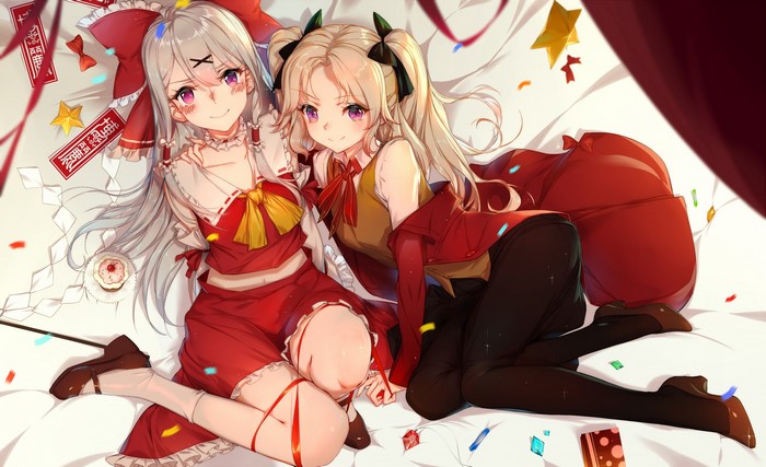 Two anime girls in red outfits lying down