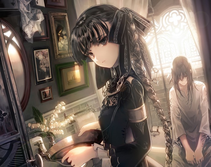 Anime girls in a dark, ornate room