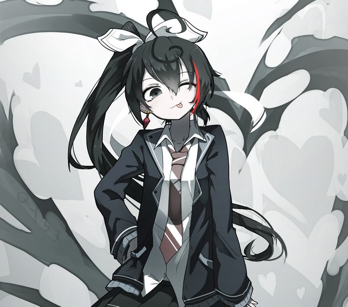 Anime girl with dark hair and tie sticking out tongue