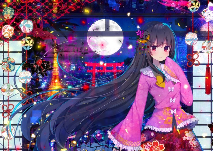 Anime girl in pink kimono with city and moon background