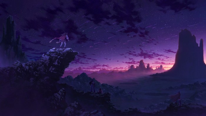 Anime characters on a rocky landscape under a starry purple sky