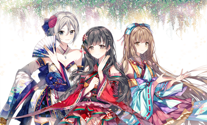 Three anime girls in kimonos with wisteria
