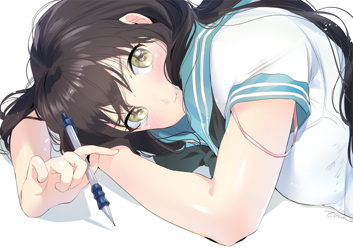 Ogino Atsuki in a school uniform holding a pen
