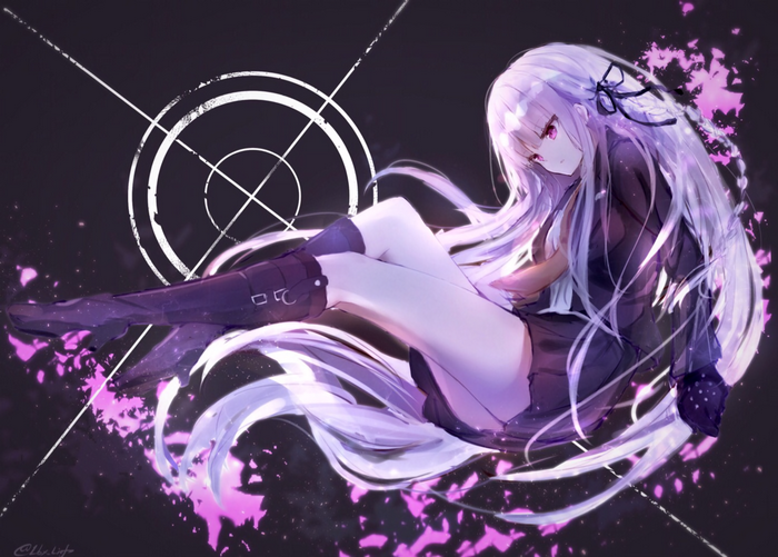 Anime girl with long white hair and purple accents
