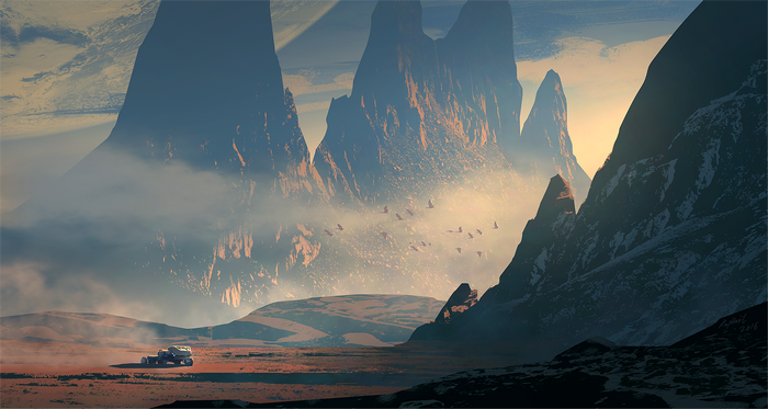 Science fiction landscape with mountains, mist, and a rover
