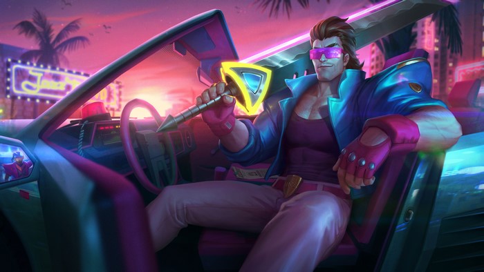 Garen from League of Legends in a car