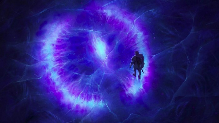 A person in a glowing purple portal