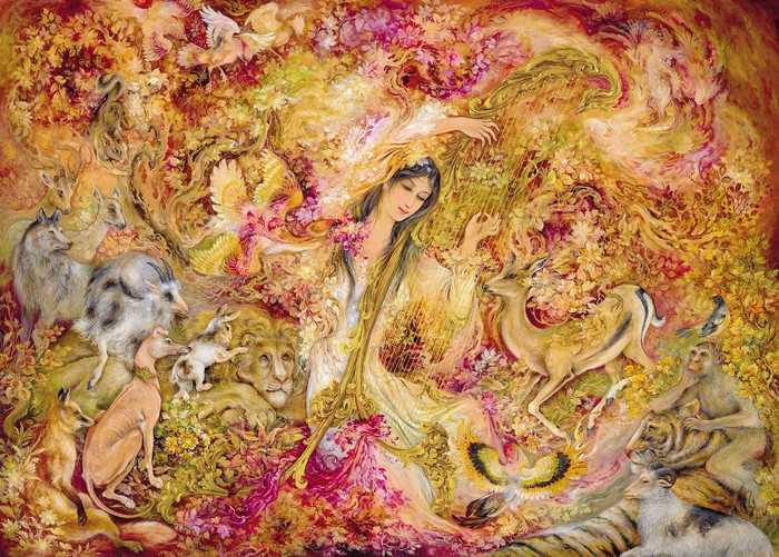 Persian painting of a woman playing a harp surrounded by animals