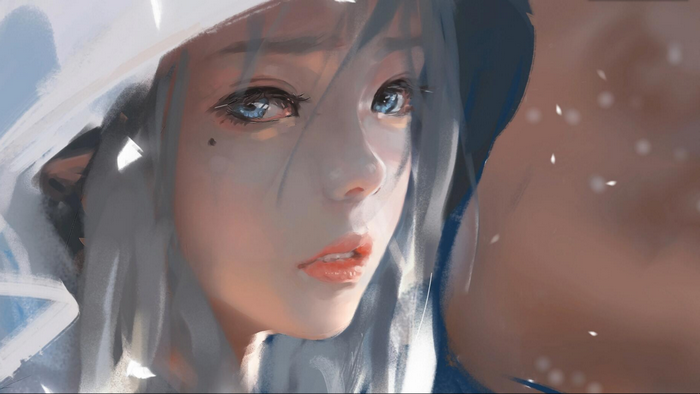 Anime girl with blue eyes and white hood