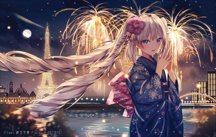 Anime girl in kimono at Eiffel Tower fireworks