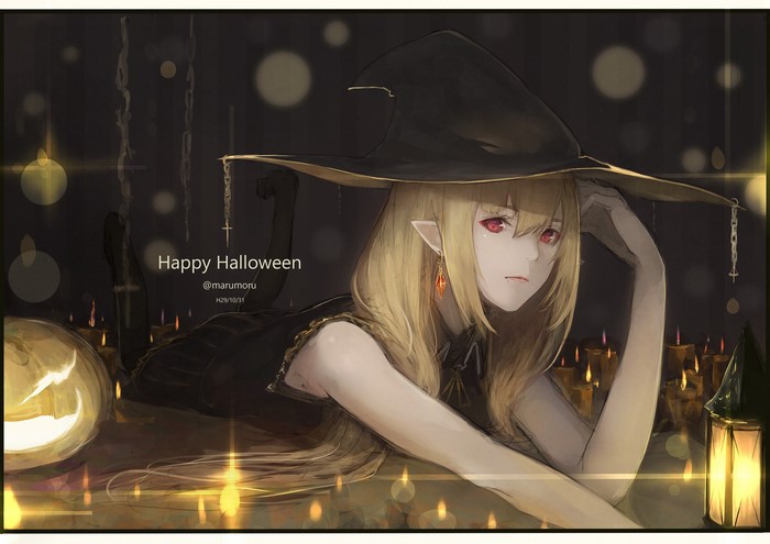 Anime girl in witch hat for Halloween