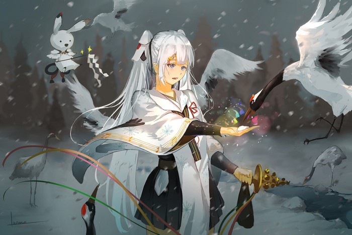 Anime girl with white hair and cranes in snow