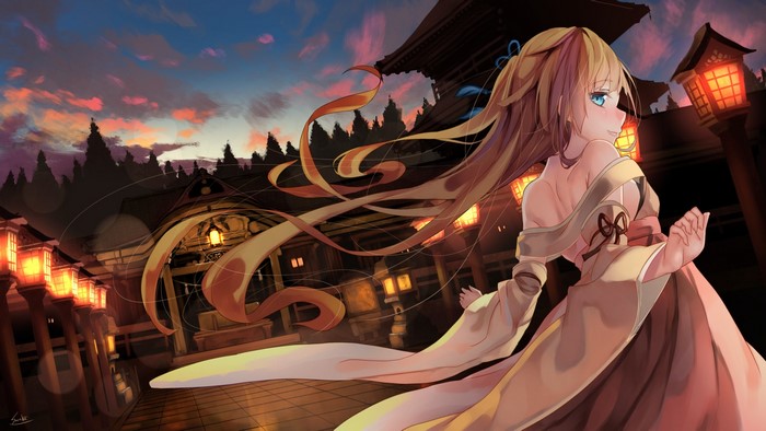 Anime girl with flowing hair in traditional Japanese setting at dusk