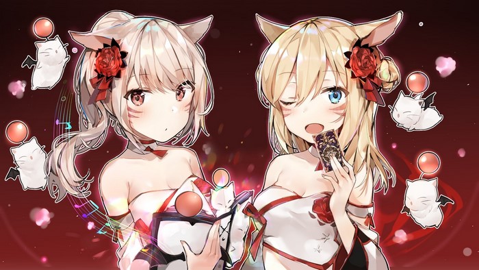 Two Miqo'te girls from Final Fantasy XIV with Moogles
