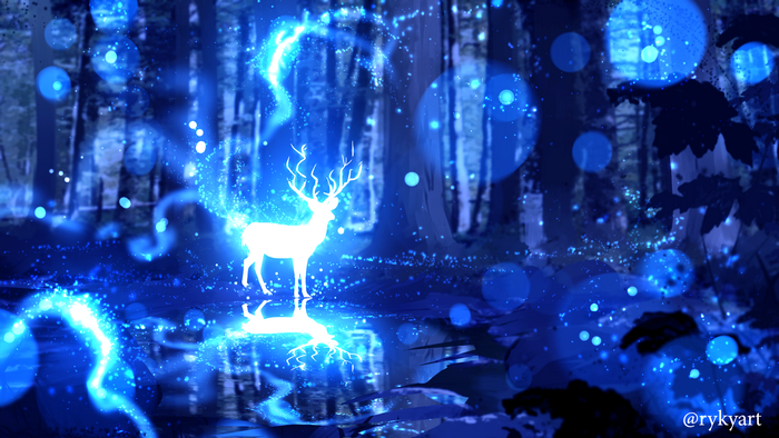 White deer with glowing blue magic in a dark forest