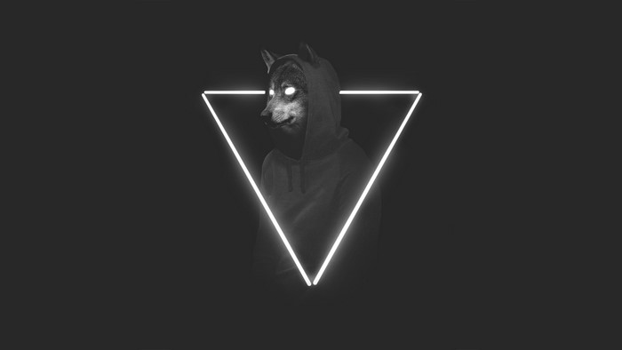 Wolf in a hoodie with glowing eyes inside a triangle