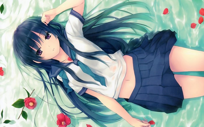 Anime girl in school uniform lying down with flowers