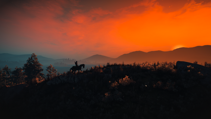 Geralt on horseback at sunset in The Witcher 3