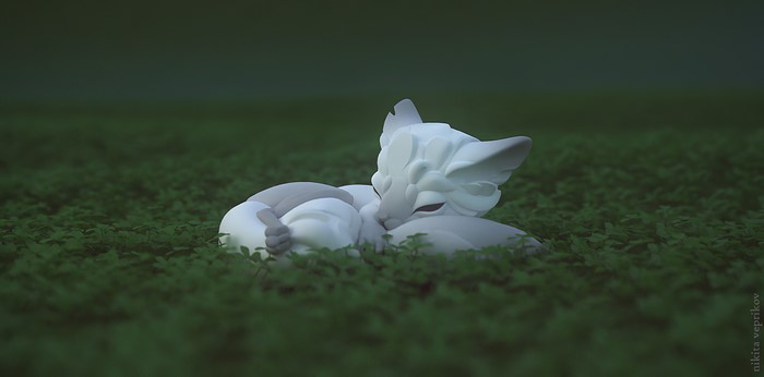 4K render of a white fox sleeping in grass