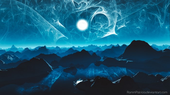 Cyan fractal landscape with moon over mountains and lake