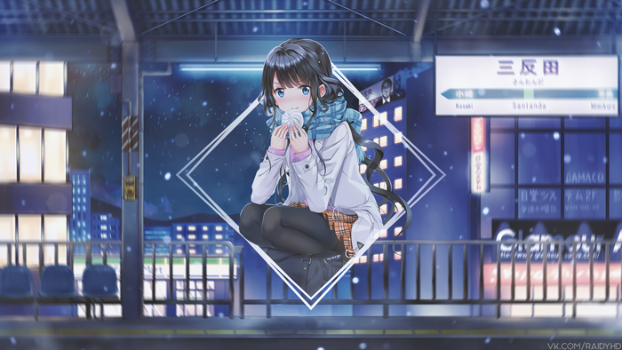 Anime girl at a train station at night