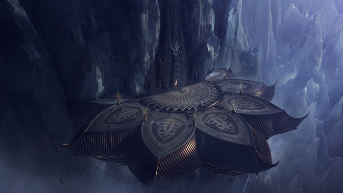 Fantasy Asian architecture in a rocky cavern
