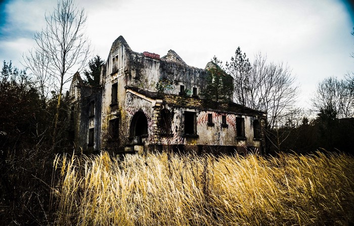 Abandoned ruined building in overgrown field