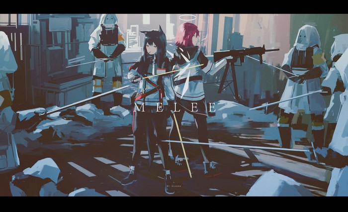 Texas and Exusiai from Arknights in a combat scene