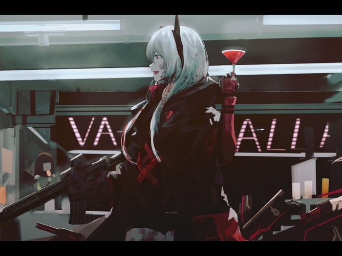 Anime girl with white hair holding a drink and a rifle