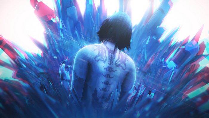 Artwork of a person with tattoos surrounded by crystals