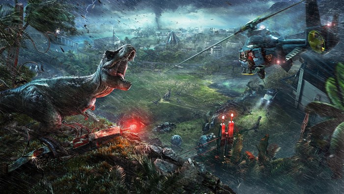 Tyrannosaurus Rex and helicopter in a storm with dinosaurs