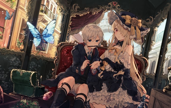 Anime couple with butterflies in ornate carriage