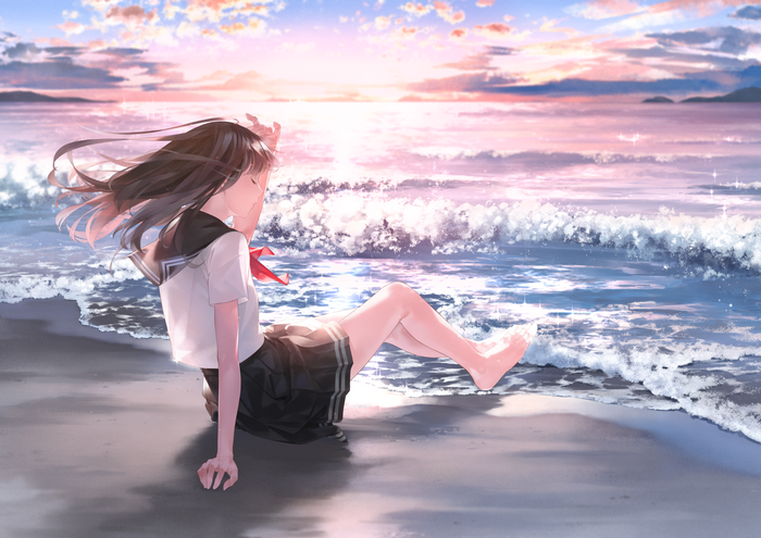 Anime schoolgirl sitting on a beach at sunset
