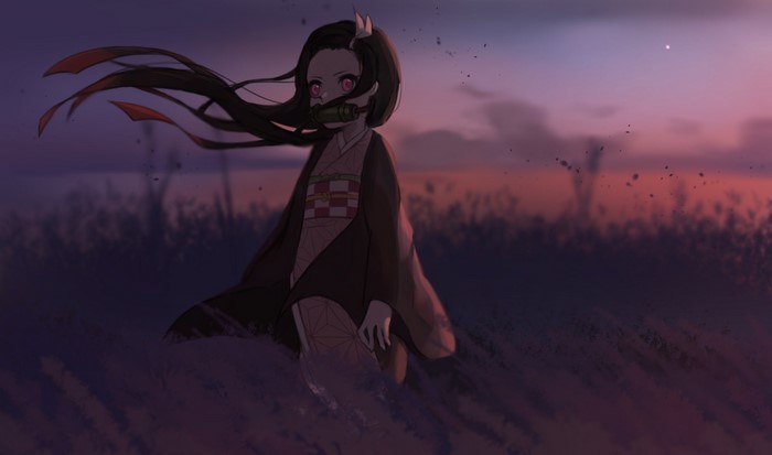 Kamado Nezuko from Kimetsu no Yaiba in a field at dusk