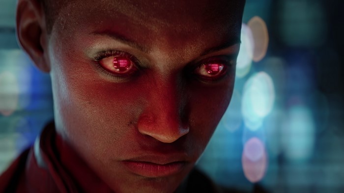Cyberpunk 2077 character with red eyes