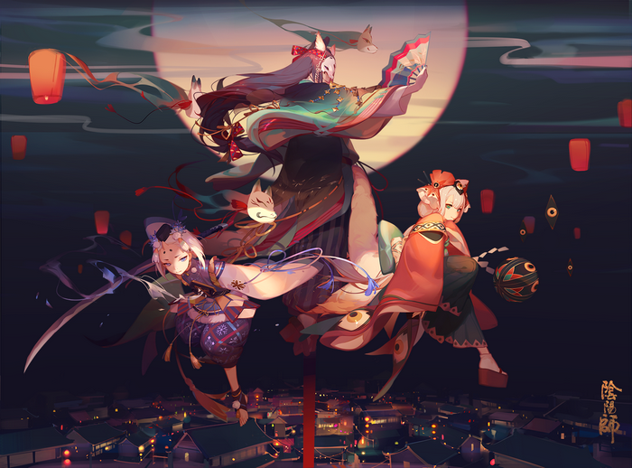 Anime girls with fox masks and lanterns over a town