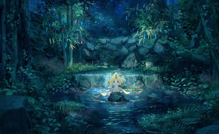 Jirachi in a forest stream under the stars