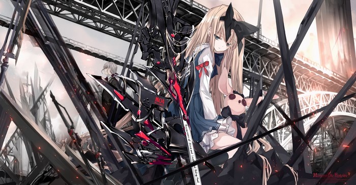 Anime girl with mechanical armor and plush toy