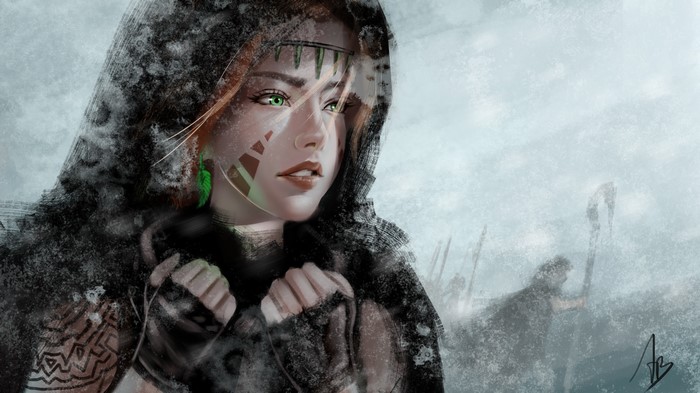 Woman in a snowstorm with tribal markings