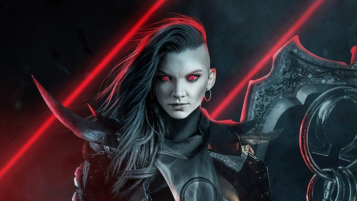 Natalie Dormer as a dark character with red eyes and neon lights