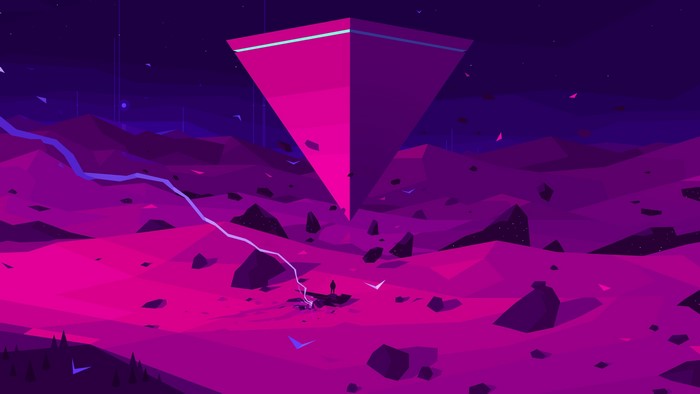 Pink pyramid in a purple alien landscape with a lone figure