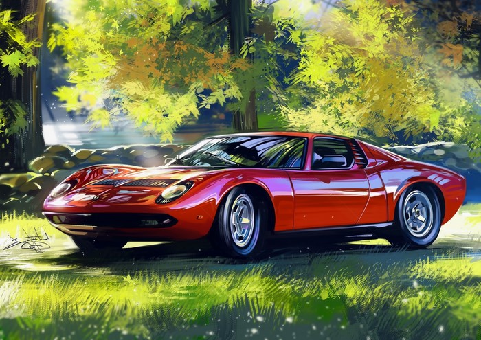 Red Lamborghini Miura artwork in a natural setting