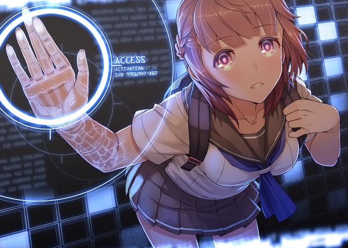 Anime girl with cybernetic arm accessing data