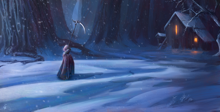 Grim Reaper with Scythe in Snowy Forest near Cabin