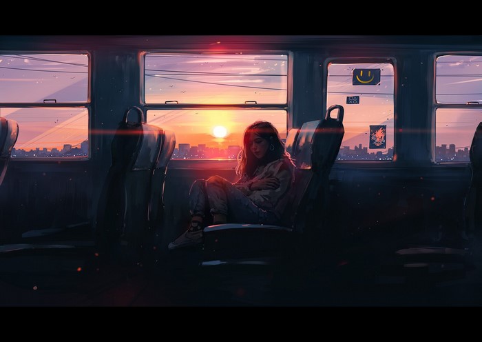 Woman on a train during sunset cityscape