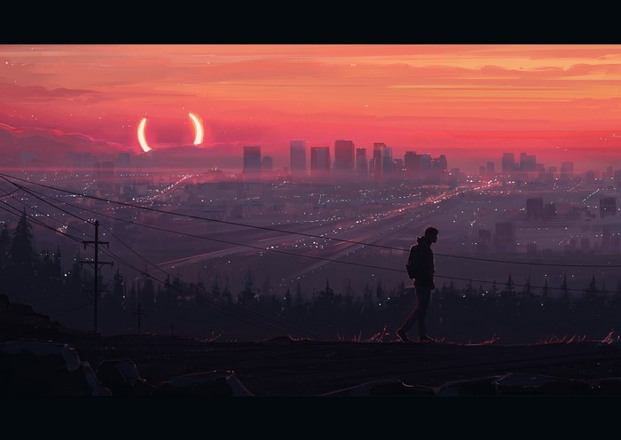 Man walking in front of a cityscape during a sunset eclipse